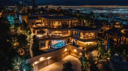 Obraz premium Luxury Hilltop Mansion at Night: An Aerial View of Opulent Architecture Illuminated Against a Cityscape