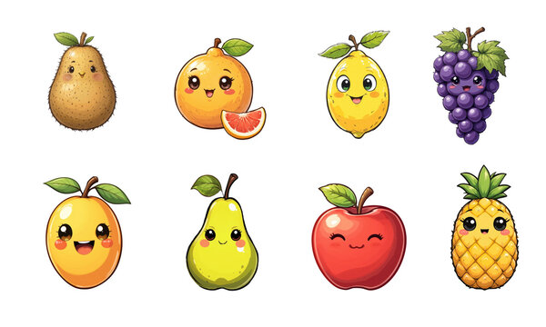 Set of animated fruits characters with smiling faces, isolated. Educational, nutritional, vegetarian concept