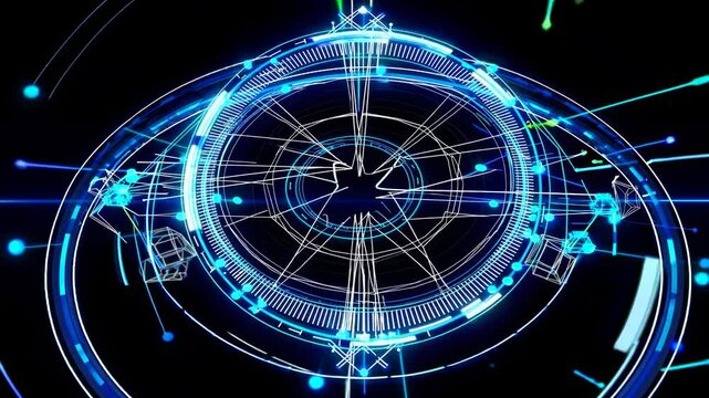Dynamic blue circular patterns and light bursts create a mesmerizing visual experience. Futuristic VFX in hud fui styel.