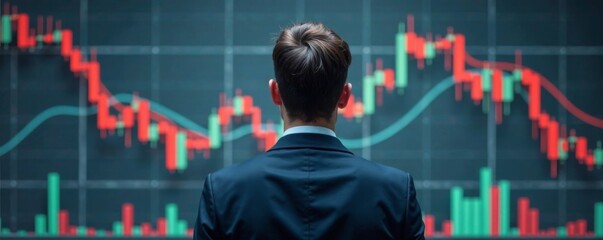 Shocked businessman facing financial market chart on grey background, economic downturn, sadness