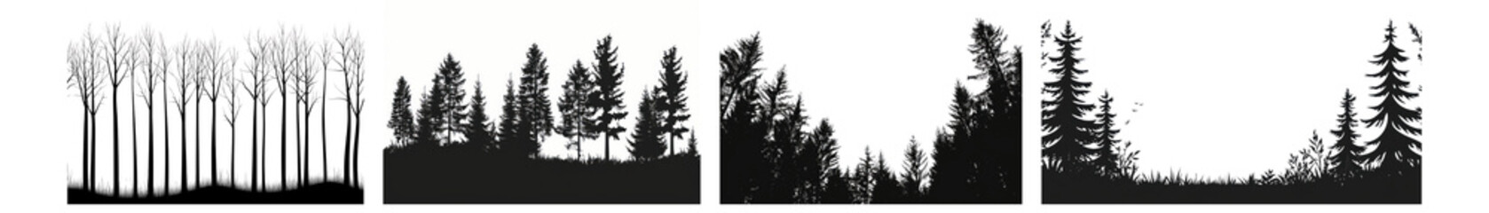 PNG Silhouetted forest tree line art, element set on transparent background