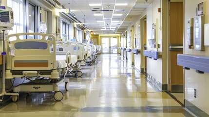 Desolate hospital hallway with empty patient beds and dim lighting, symbolizing financial struggle, closure, and healthcare challenges in modern society.