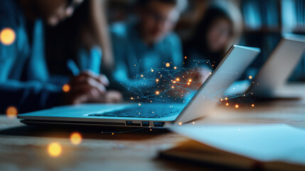 Collaborative learning session office digital interaction modern workspace close-up technology integration