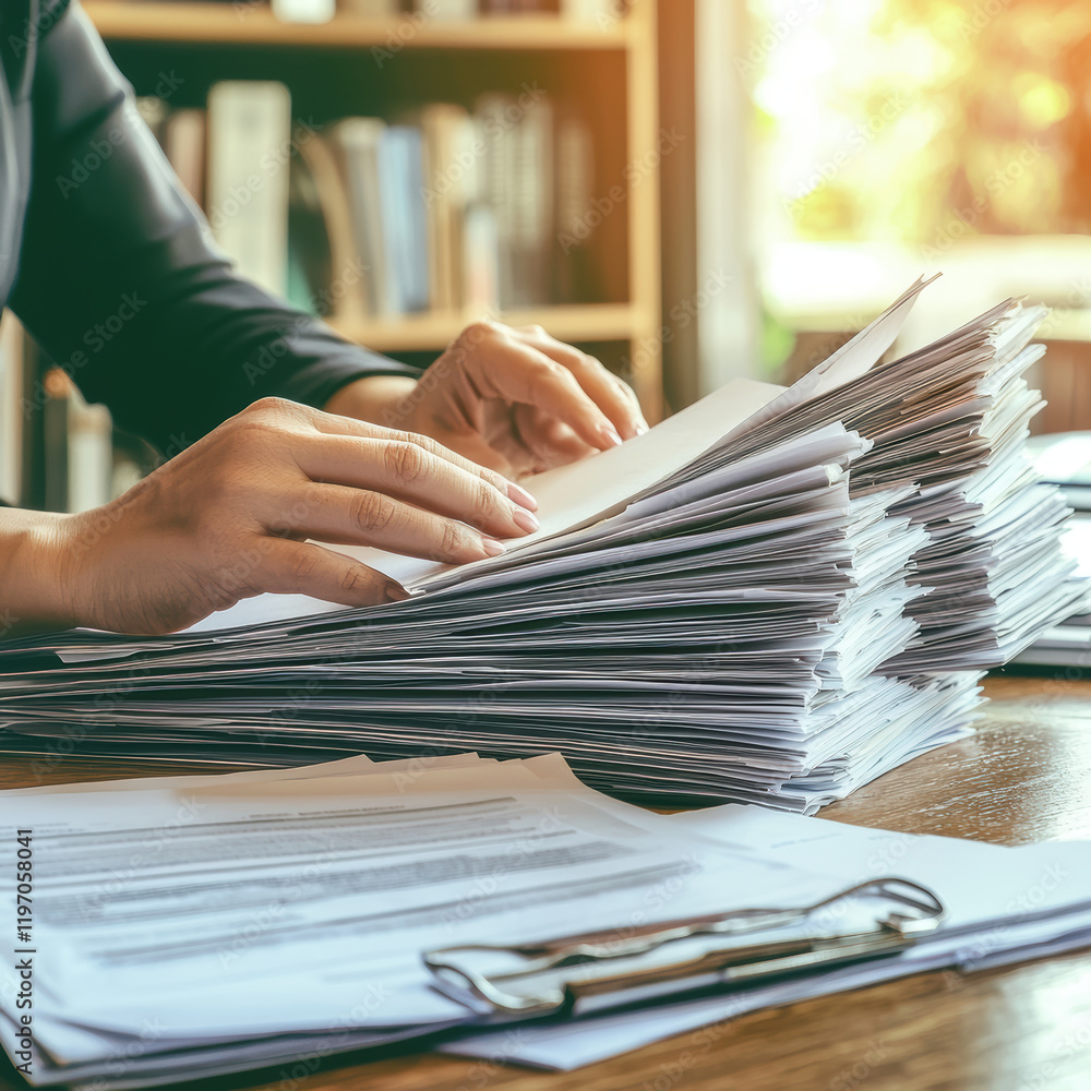 Poster organized workspace with hands sorting through large stack of documents, showcasing productivity and