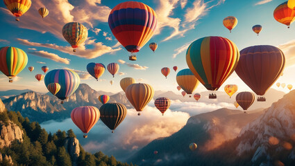 Fototapeta premium cinematic keyframe scene with vibrant hot air balloons soaring through the sky,