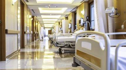 Desolate hospital hallway with empty patient beds and dim lighting, symbolizing financial struggle, closure, and healthcare challenges in modern society.