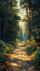 Fototapeta premium Sunlit forest path, summer day, nature scene, tranquil background, ideal for nature posters