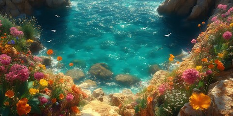 Vibrant wildflowers bloom on rocky cove overlooking turquoise ocean.