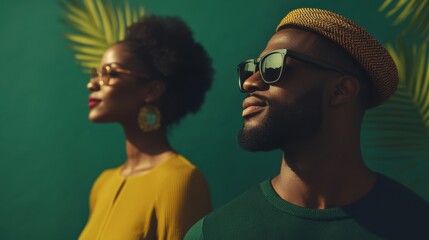 Stylish african american couple enjoying a sunny day with tropical backdrop