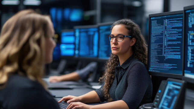 Cybersecurity team collaboration data center digital interaction modern office professional environment teamwork concept