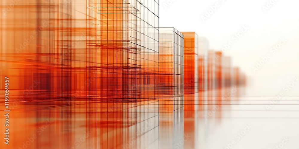 Poster a series of abstract, transparent structures with orange outlines, creating a modern, digital landsc