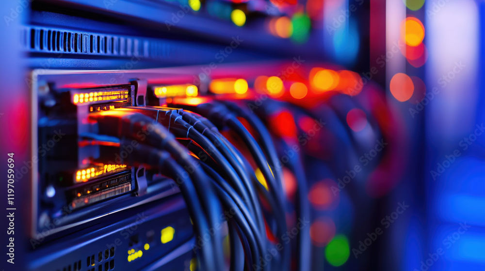 Poster data center infrastructure management technology digital cables server room close-up view network op