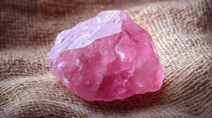Vibrant raw pink quartz crystal on textured burlap background