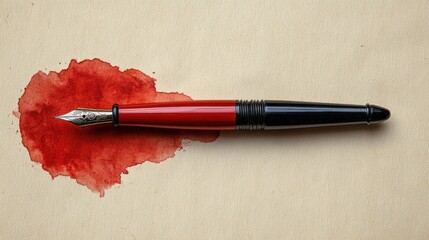Elegant fountain pen with red ink spill on textured paper background