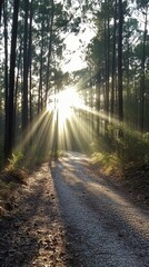 Obraz premium Sun rays through forest path at dawn