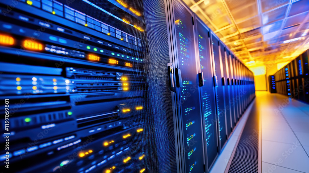 Poster data center operations modern technology hub digital infrastructure controlled environment wide-angl