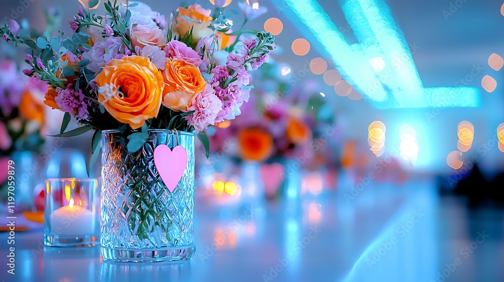 Poster Elegant and Charming Table Vignette Adorned with Vibrant Roses and Rustic Elements for a Festive Guest Experience in a Modern Setting