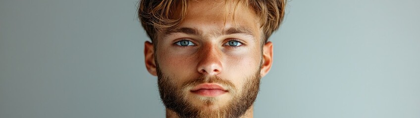 Obraz premium Confident European Man in White Soccer Jersey with Buzzcut and Beard Against Grey Background