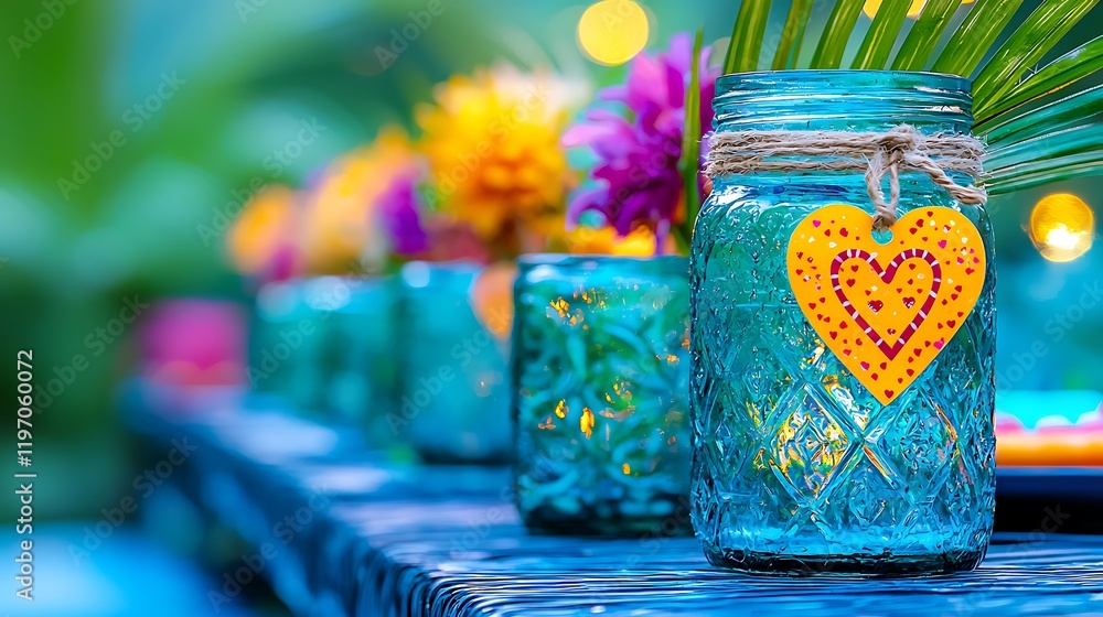 Poster charming vignette of a guest table adorned with colorful flowers and decorative jars in a lush garde