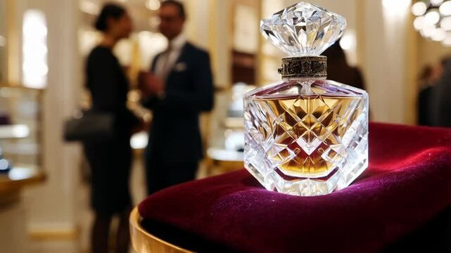 Luxurious Perfume Bottle Displayed in an Elegant Boutique With Warm Lighting and Rich Textures