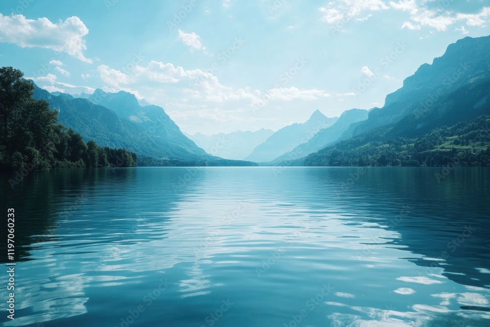 Aufkleber Serene lake view surrounded by mountains under a clear sky with ample space for text placement and design. Generative AI