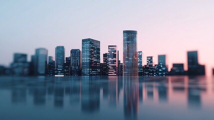 Fototapeta premium A futuristic city skyline at dusk, featuring modern buildings reflected in water, bathed in soft, colorful lights.