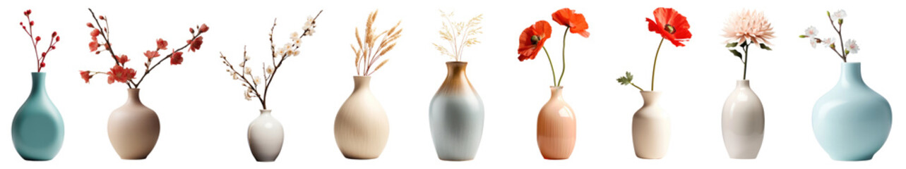 PNG Colorful vases with vibrant flowers, element set on transparent background