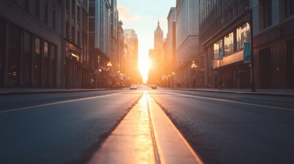 Obraz premium Urban street at sunset with glowing skyline and warm atmosphere