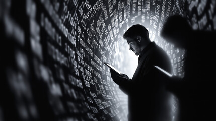 Analyzing data trends in a digital environment office black and white photography professional setting close-up perspective