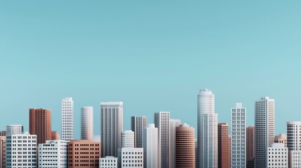 Obraz premium A skyline featuring a variety of modern skyscrapers under a clear blue sky, showcasing urban architecture and city life.