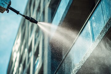 High-pressure water spray cleans glass facade, revealing sparkli