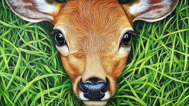 A stunning close-up of a deera??s face, surrounded by vivid green grass in crystal clarity