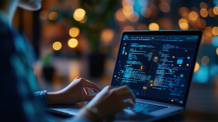 Coding in action developer working at night with laptop urban environment technology close-up view