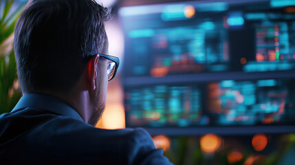 Data analysis event by business professional in modern office environment technology dashboard overview