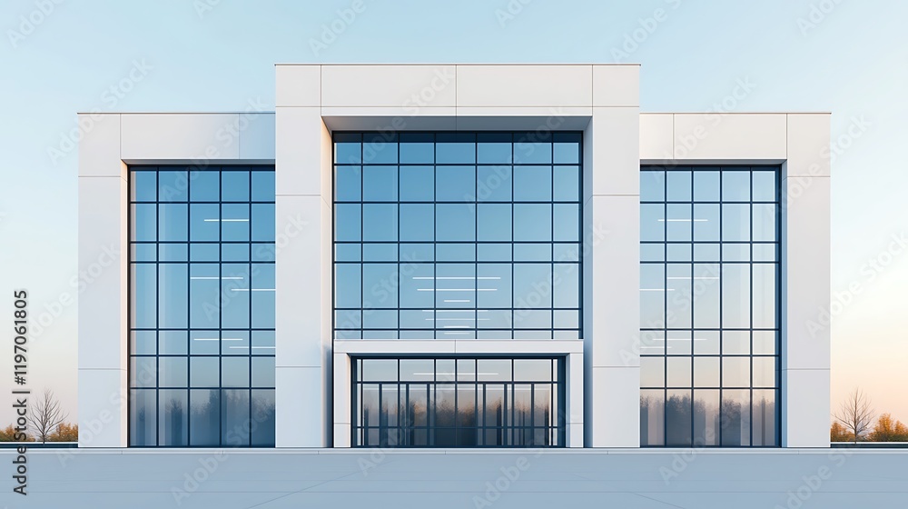 Poster a modern building with a sleek glass facade, featuring a symmetrical design and minimalist architect