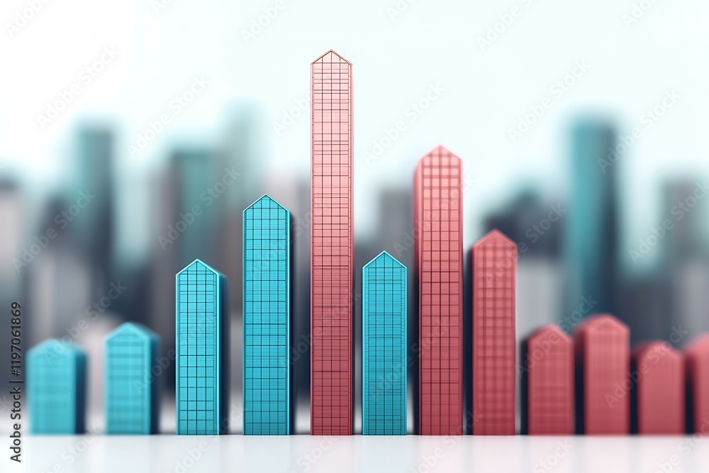 Poster a colorful 3d bar graph displays various heights, symbolizing data comparison against a blurred city