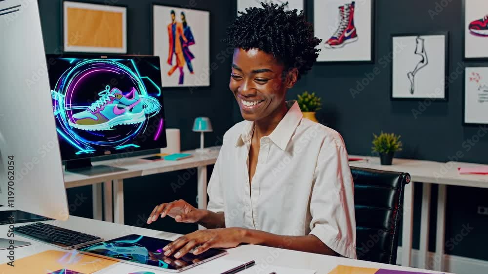 Poster creative designer working on digital art in a modern studio with vibrant elements and stylish decor