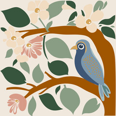 Illustration of nature natural shades harmony bird on a tree and flowers and
