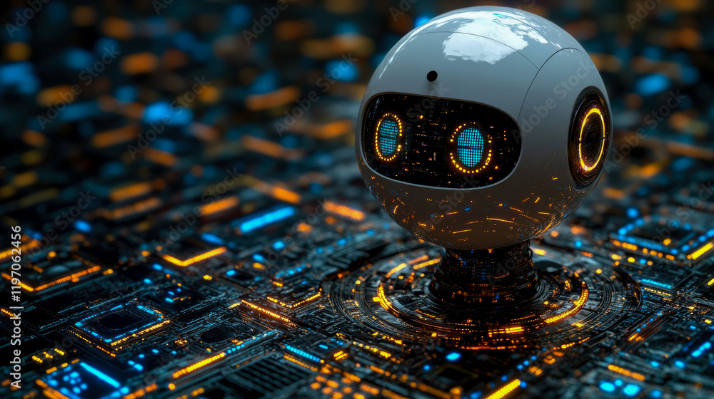 Poster futuristic robotic sphere on illuminated circuitry: a 3d render of advanced technology