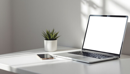 Advertising mockup featuring a blank screen laptop and phone with white background