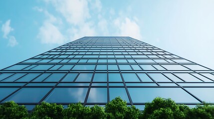 A modern glass skyscraper rises against a clear blue sky, framed by lush greenery at its base.