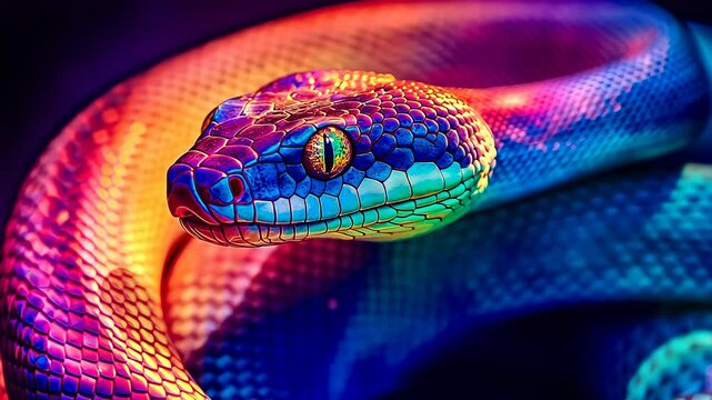 Colorful snake bright lights still.Vivid reptile glows studio setup.Neon hues enhance serpent's scale texture.Captured evening artificial light.Radiant display emphasizes exotic wildlife.Artistic
