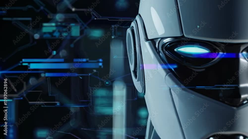 Poster exploring the advancements in artificial intelligence with a futuristic robot head design