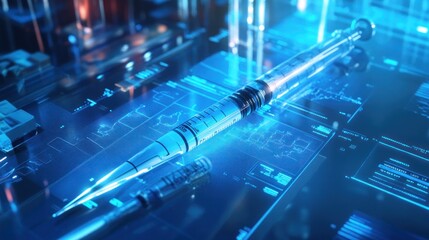 A futuristic syringe displayed on a digital interface, symbolizing advanced medical technology.