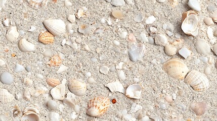 Fototapeta premium A grainy sand texture with scattered small pebbles and shells 
