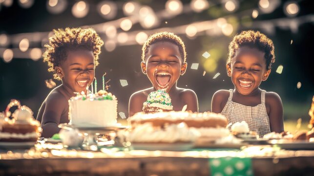 African American kids joyfully celebrating at a colorful birthday party