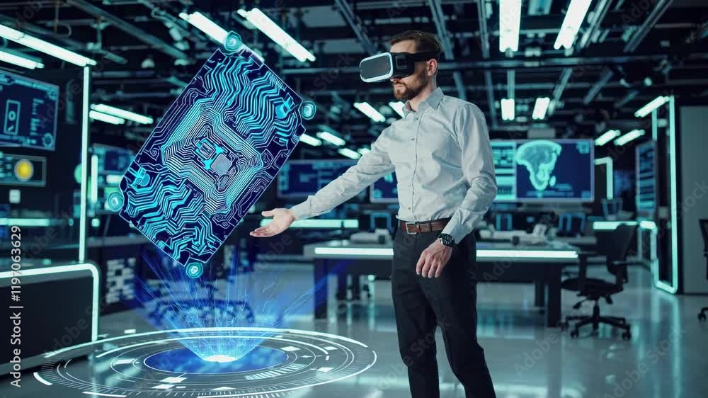 Leinwandbilder virtual reality exploration in a high-tech lab with advanced holographic interface