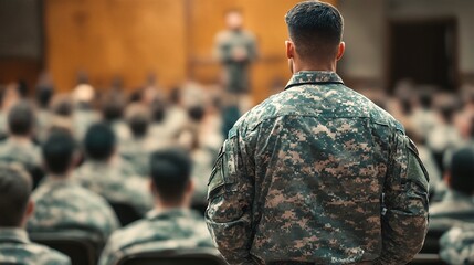 The Soldier Standing Alone in Front of an Audience of Soldiers.