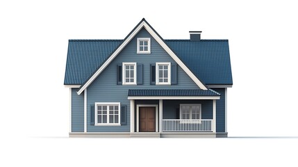 A charming blue house with a gabled roof, featuring white accents and a welcoming porch, perfect for a cozy family home.