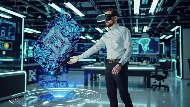 Virtual reality exploration in a high-tech lab with advanced holographic interface